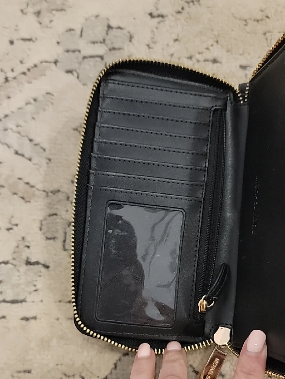 Michael Kors Black Pebbled Leather Zip-Around Wristlet Wallet with Gold Hardware